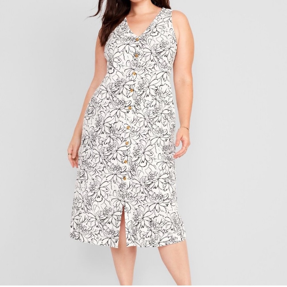 Black and White Linen-Blend Floral Midi Dress